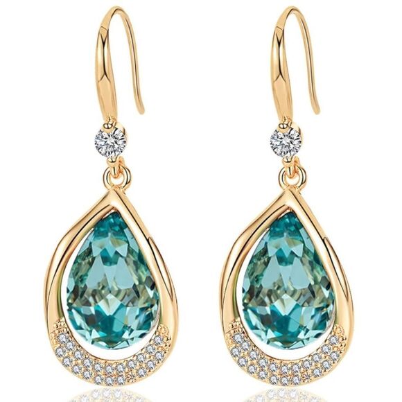 14K Yellow Gold and Aquamarine Blue Austrian Crystal Teardrop Halo Hook Earrings